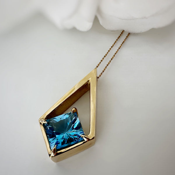 Custom Hand Made Blue Topaz Pendant | 10K Yellow Gold