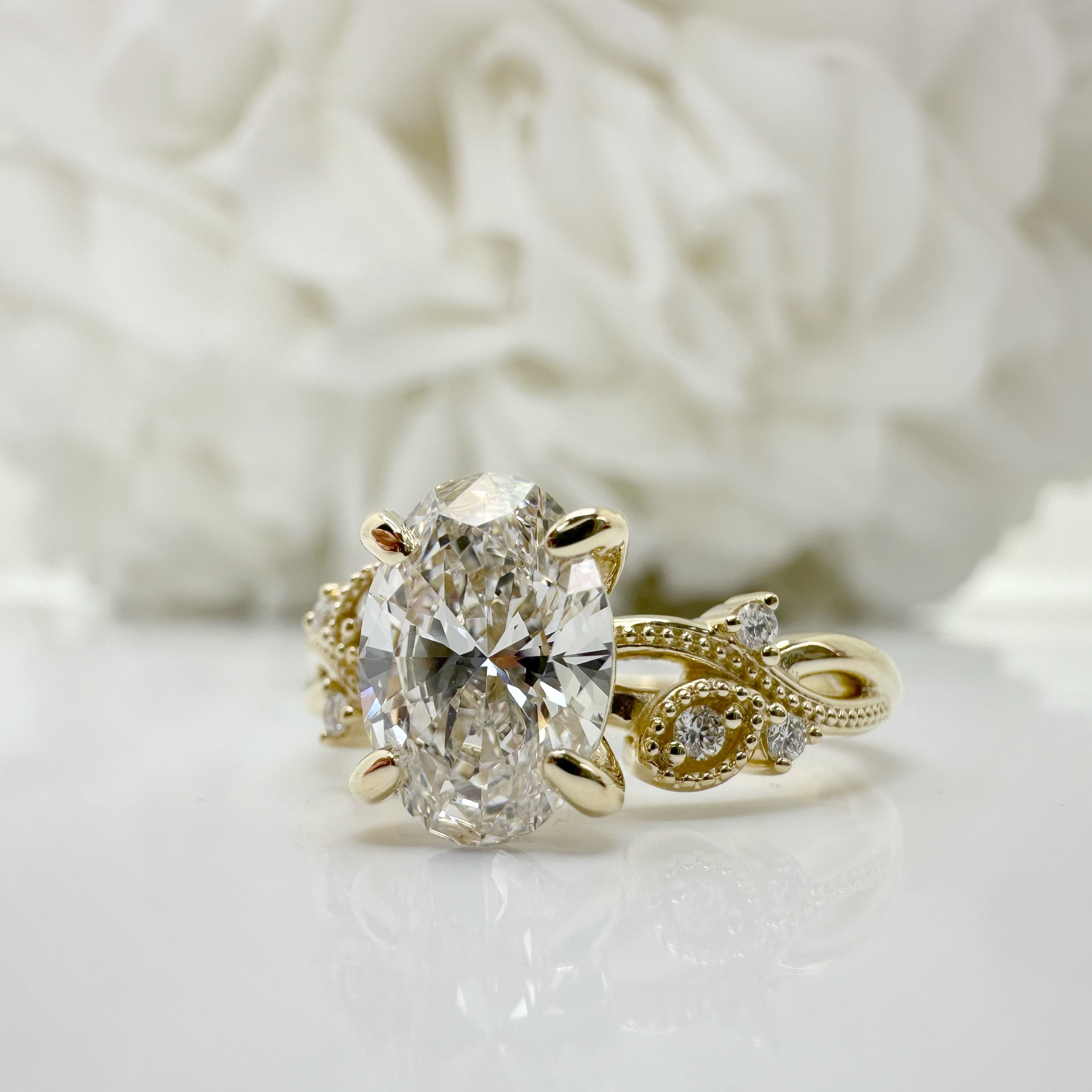 1.39 Carat Oval Cut Lab Grown Diamond Floral Engagement Ring | 10K Yellow Gold