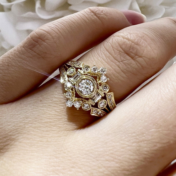 Vintage Inspired Round and Baguette Cut Diamond Engagement Ring | 14K Yellow Gold