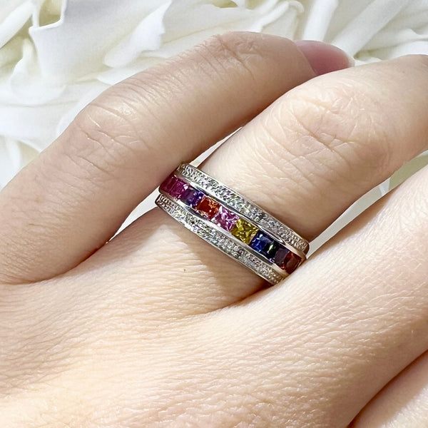 Vintage Diamond and Rainbow Synthetic Sapphire Band | 10K White Gold