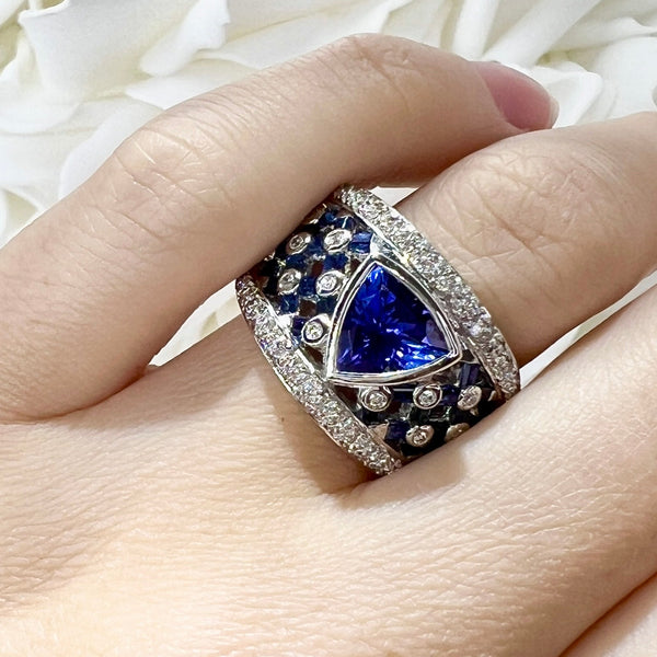 Vintage 1.58 Carat Trillion Cut Tanzanite, Sapphire, and Diamond Ring | 18K White Gold
