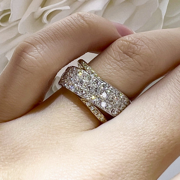 'Cross Over' Pave Set Diamond Ring | 14K White & Yellow Gold