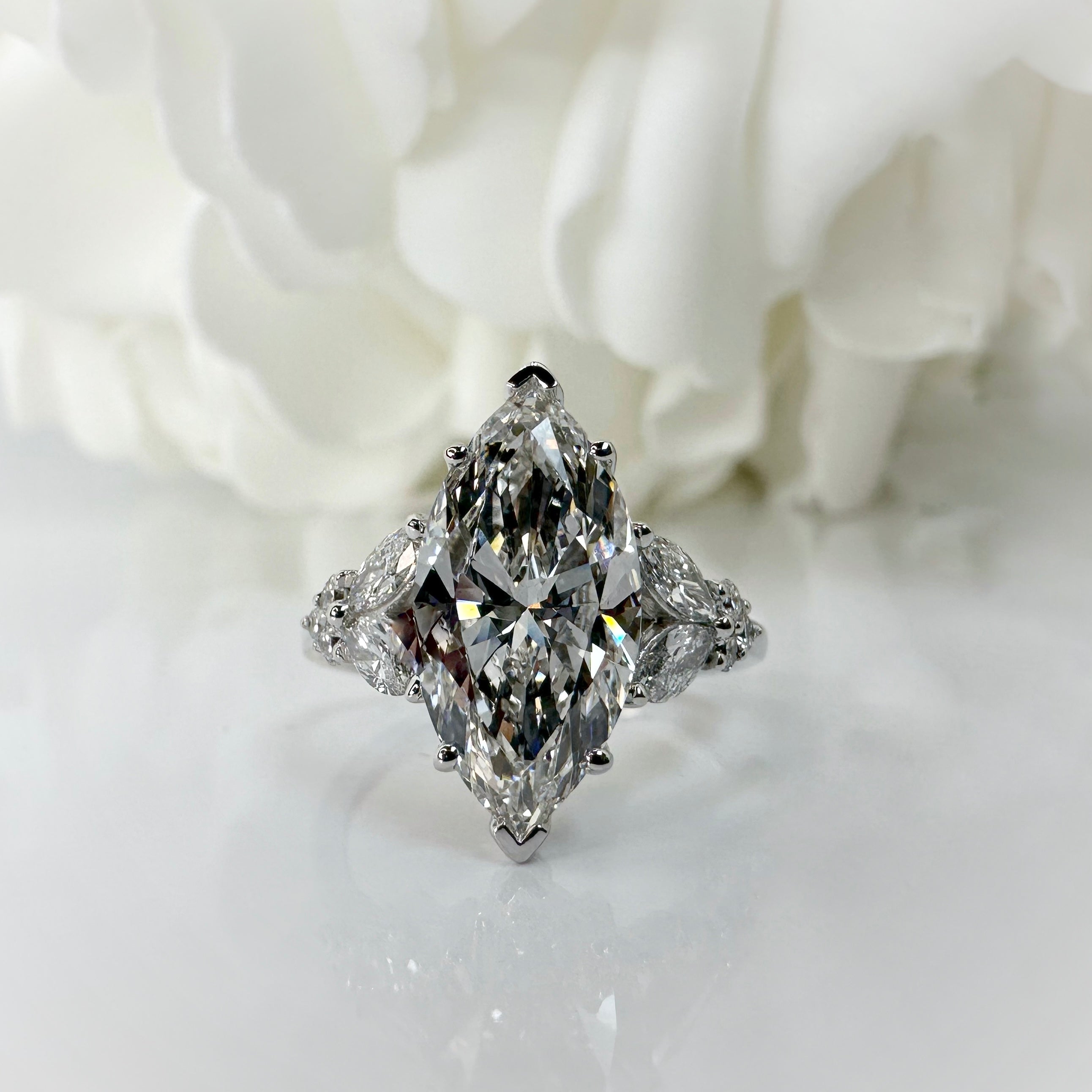 3.01 Carat Marquise Cut Lab Grown Diamond Accented Engagement Ring | 14k White Gold