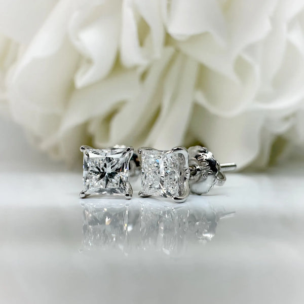 1.00 Total Carat Weight Princess Cut Lab Grown Diamond Stud Earrings | 14K White Gold