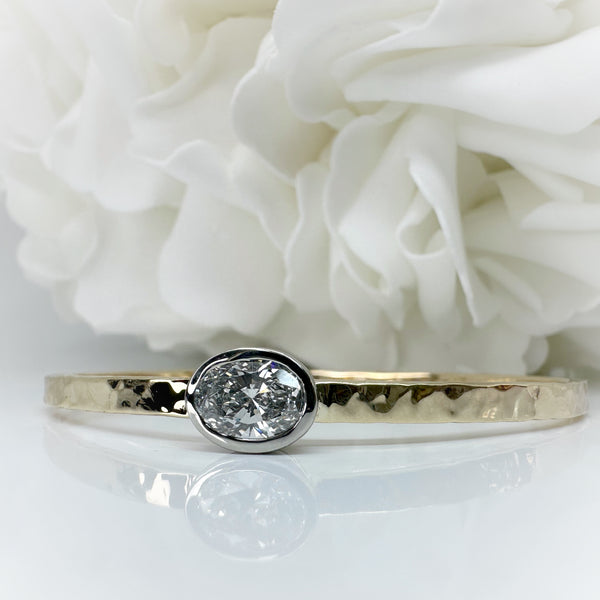 Custom Designed 1.54 Carat Bezel Set Oval Cut Lab Grown Diamond Bangle | 10K Yellow Gold & 14k White Gold