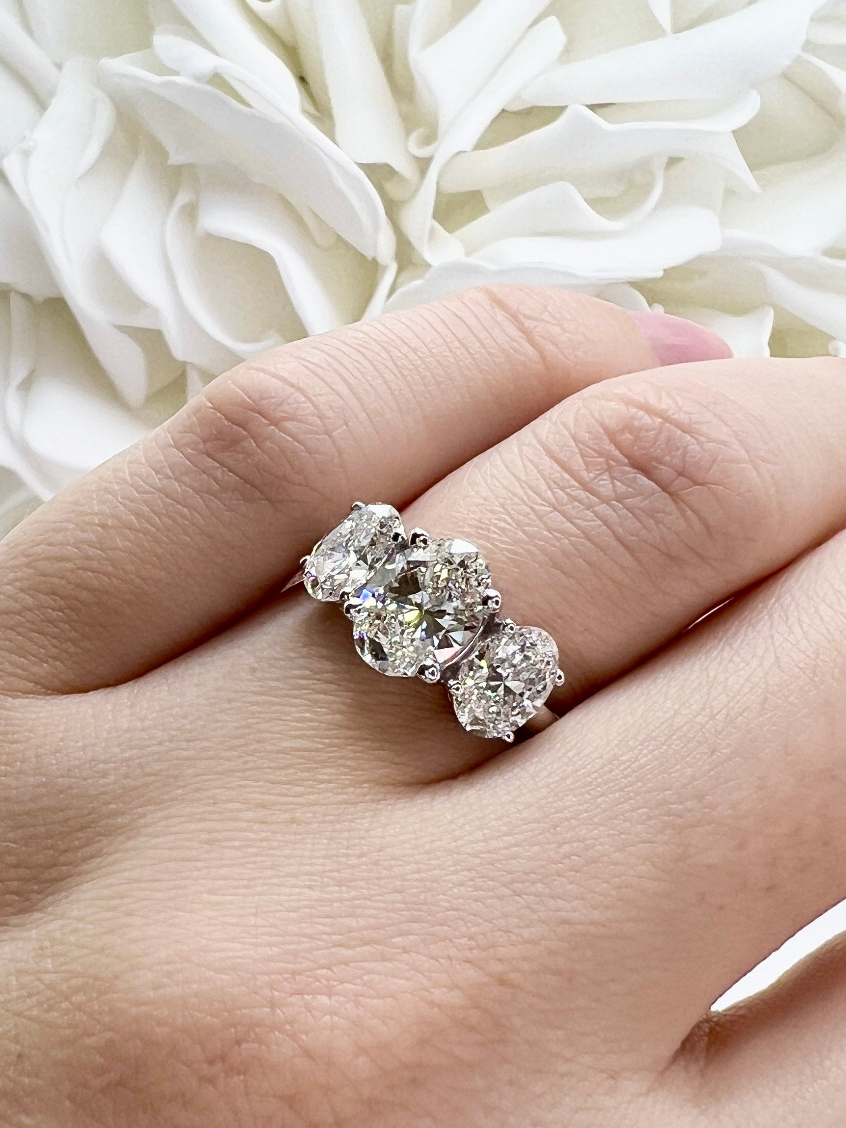 3.00 Total Carat Weight 3 Stone Oval Cut Lab Grown Diamond Engagement Ring | 14k White Gold