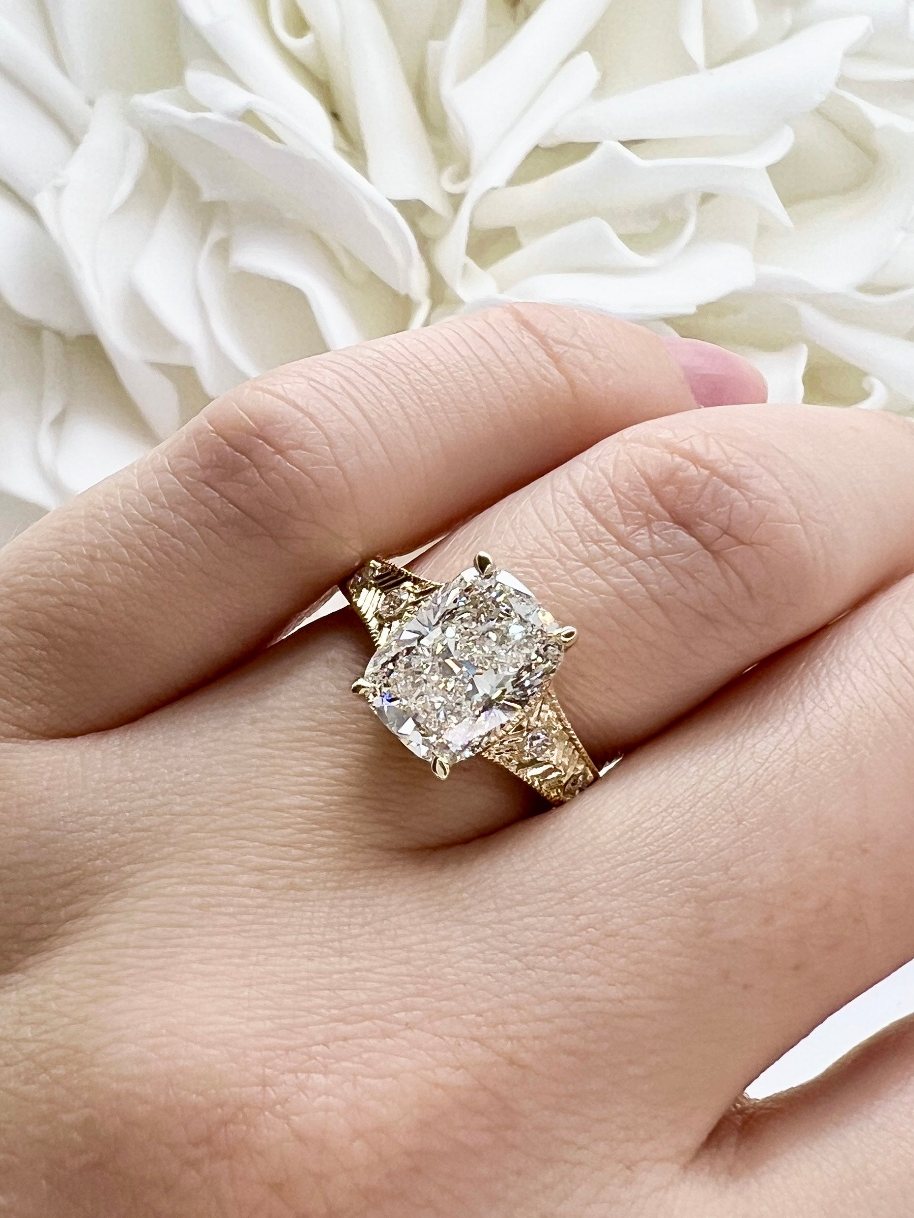 3.00 Carat Elongated Cushion Cut Lab Grown Diamond Etched Engagement Ring | 14k Yellow Gold