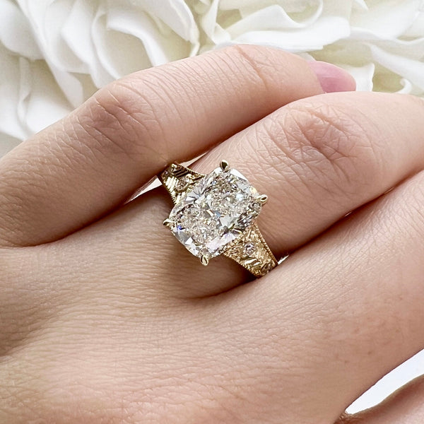 3.00 Carat Elongated Cushion Cut Lab Grown Diamond Etched Engagement Ring | 14K Yellow Gold