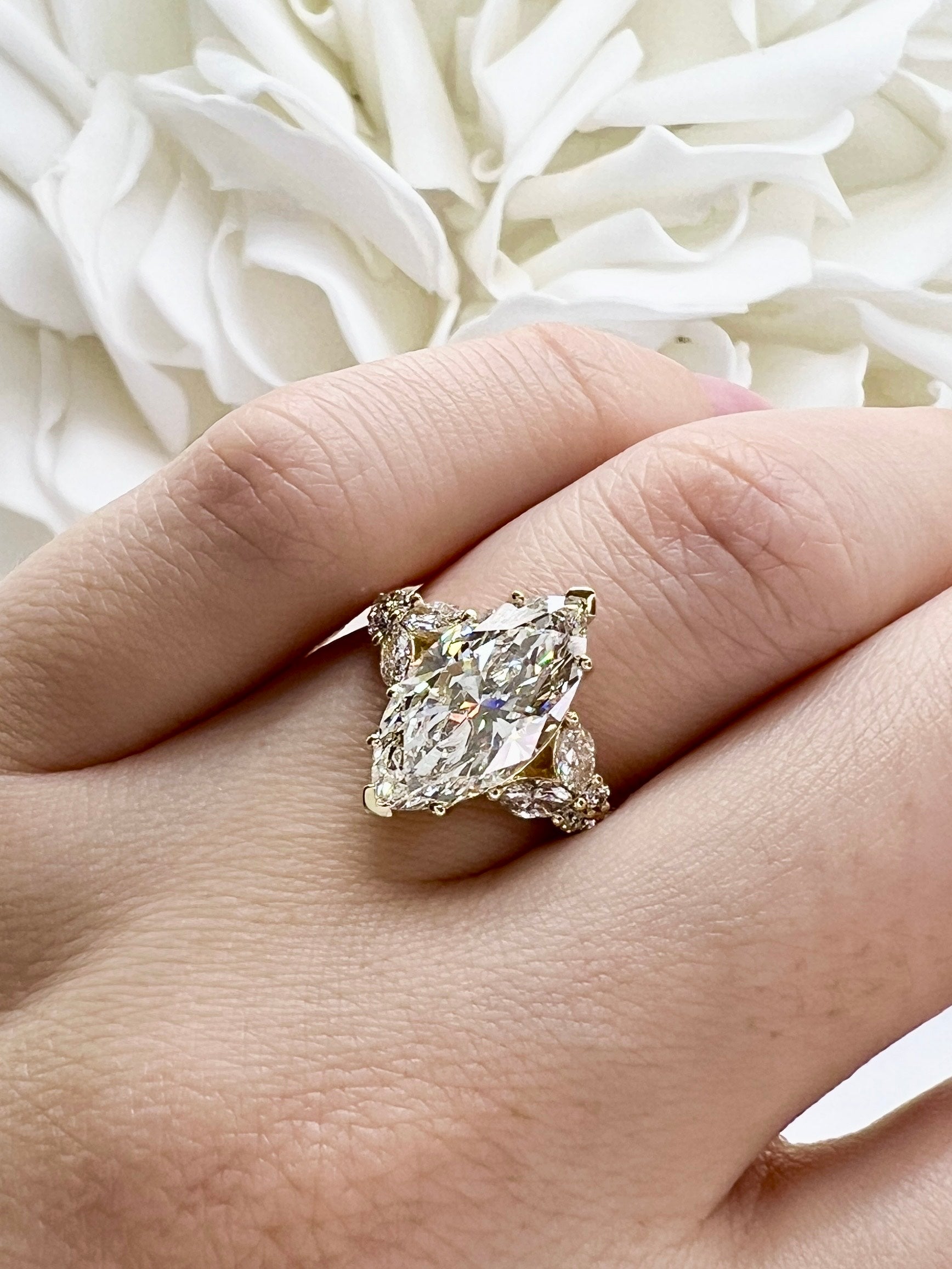 3.60 Total Carat Weight Marquise Cut Lab Grown Diamond Accented Engagement Ring | 14k Yellow Gold