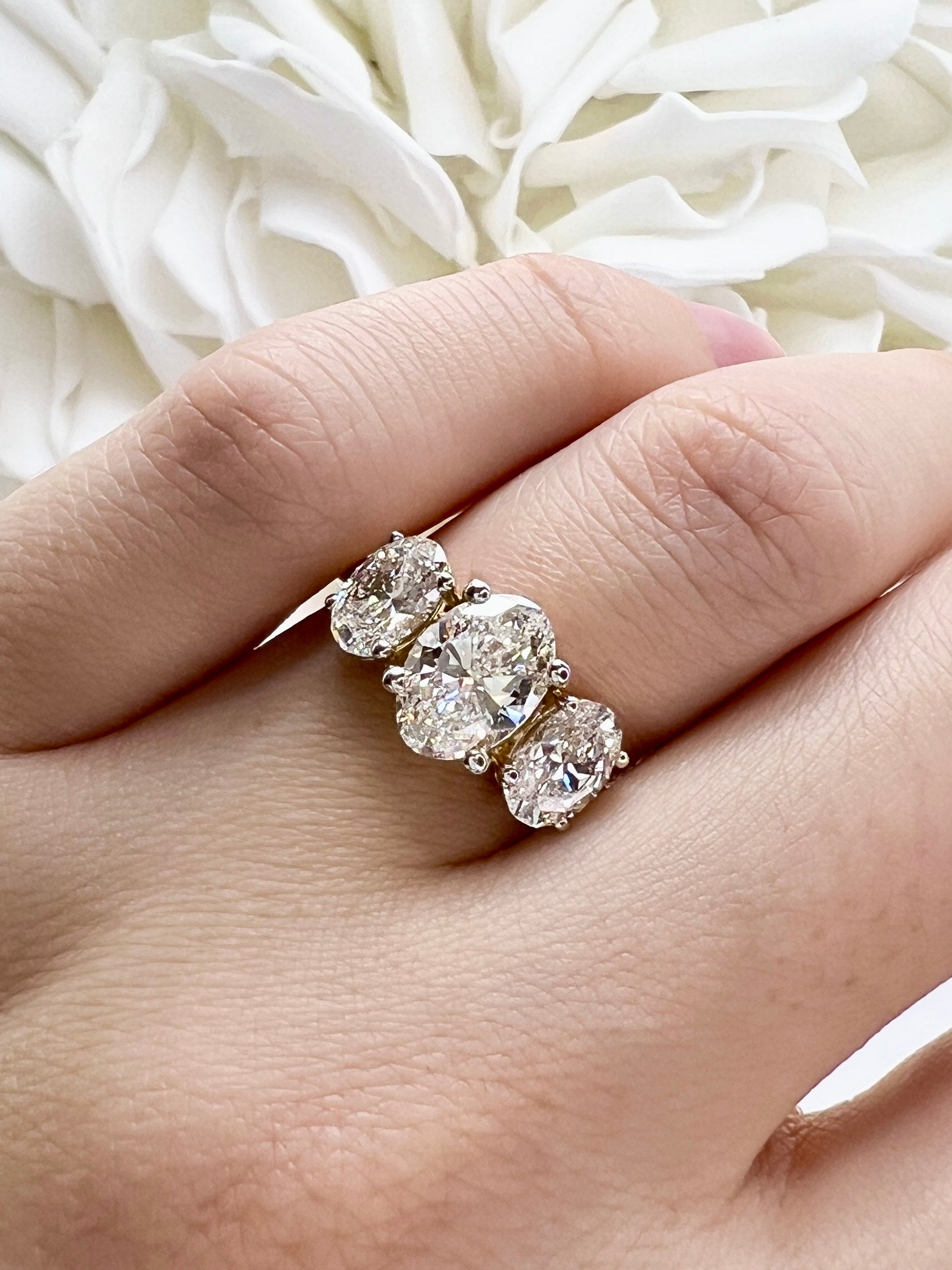 3.00 Total Carat Weight 3 Stone Oval Cut Lab Grown Diamond Engagement Ring | 14k Yellow Gold