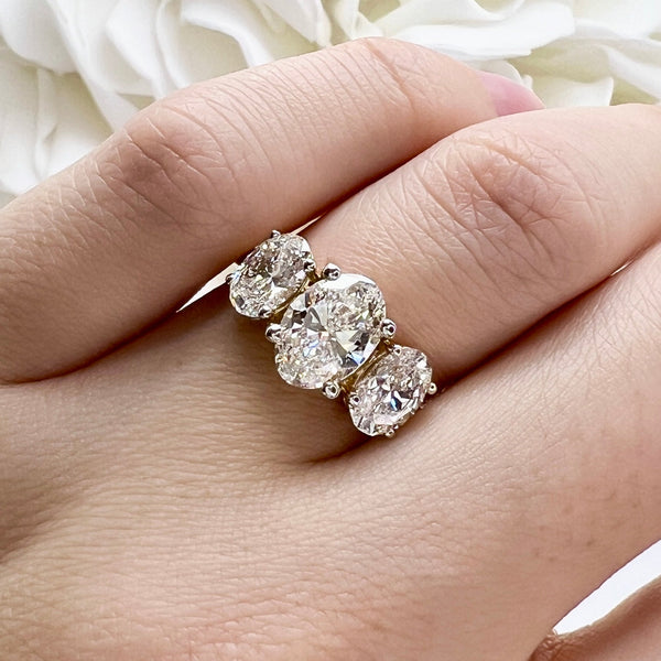 3.00 Total Carat Weight 3 Stone Oval Cut Lab Grown Diamond Engagement Ring | 14K Yellow Gold