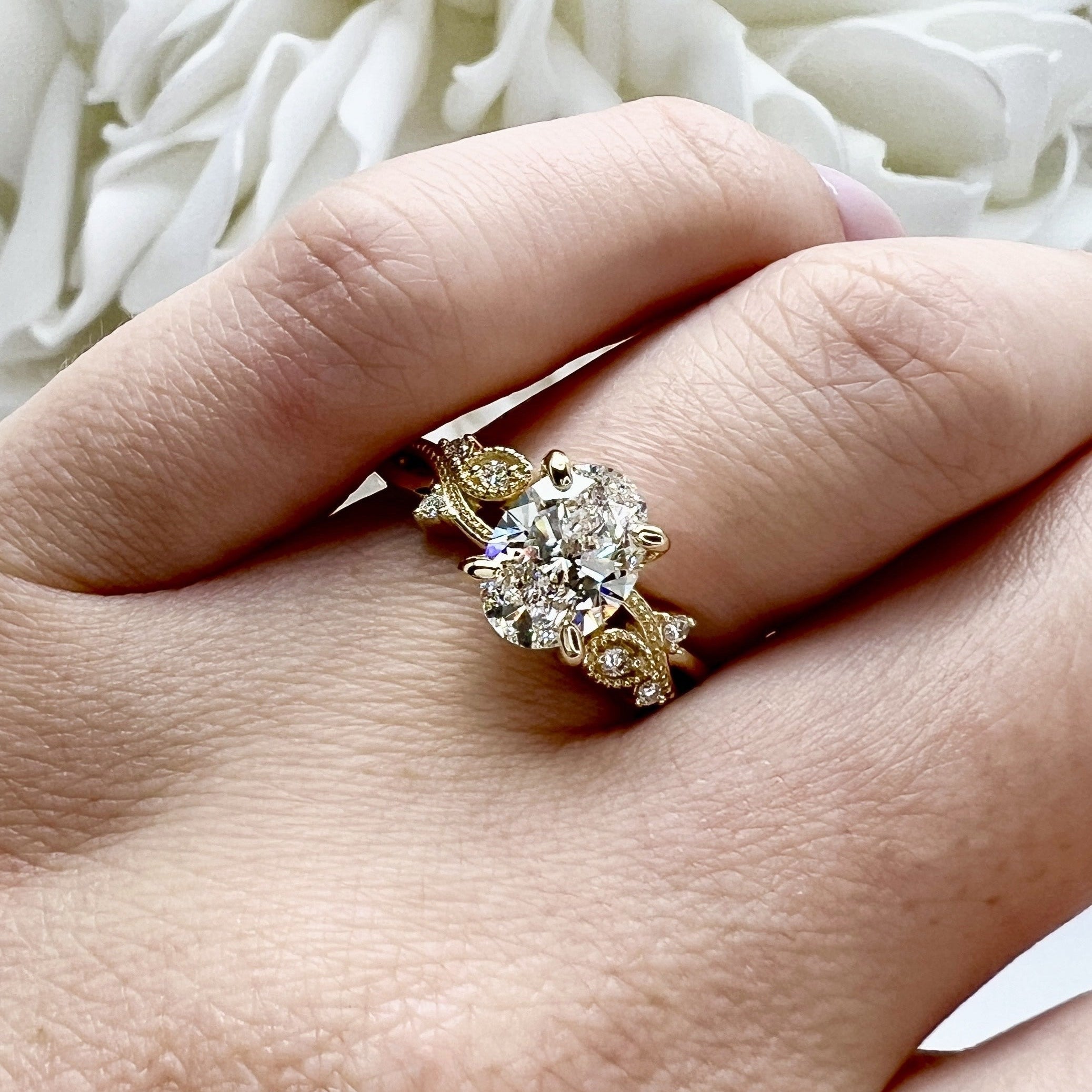 1.39 Carat Oval Cut Lab Grown Diamond Floral Engagement Ring | 10K Yellow Gold