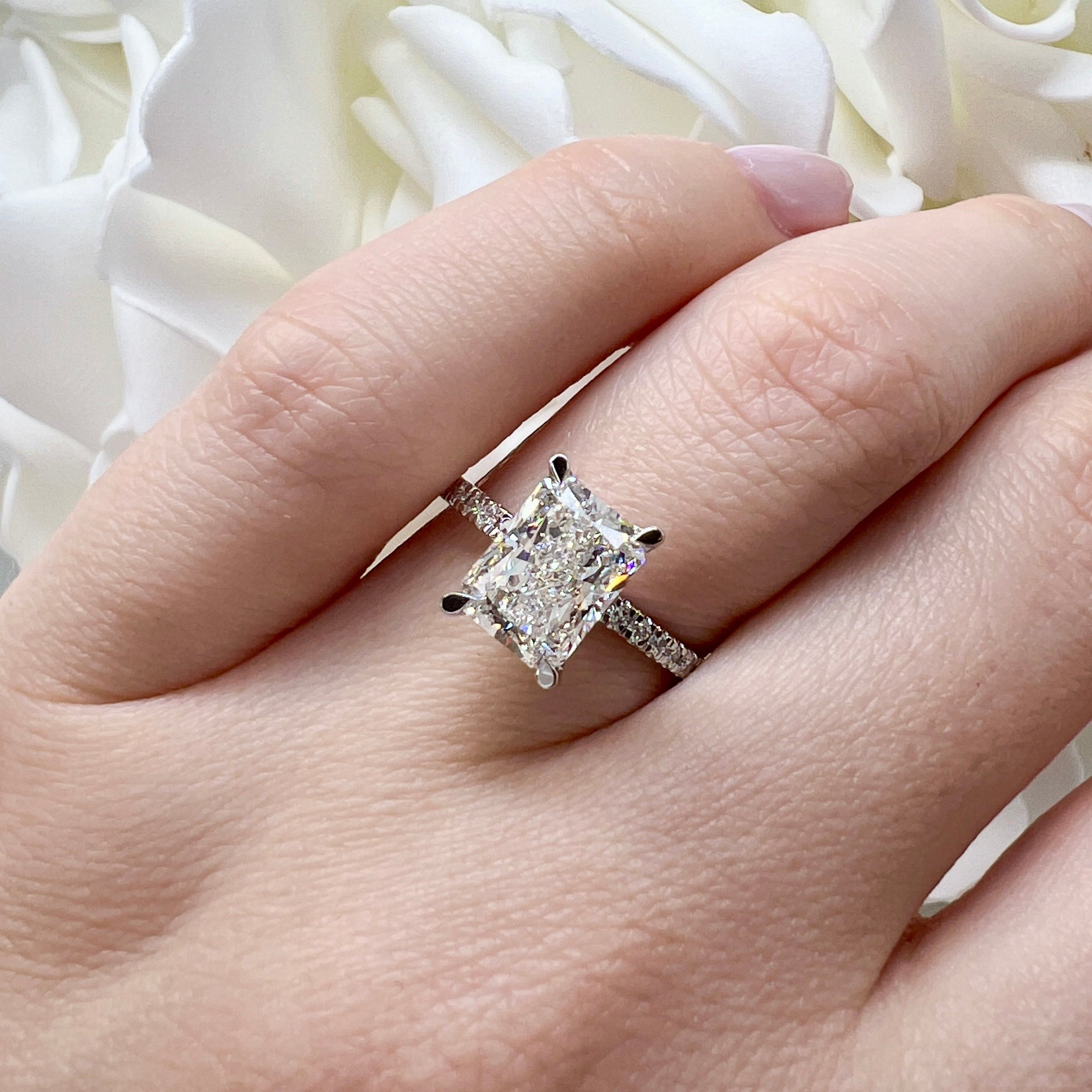 2.25 Total Carat Weight Lab Grown Diamond Accented Engagement Ring With Radiant Center | 14K White Gold
