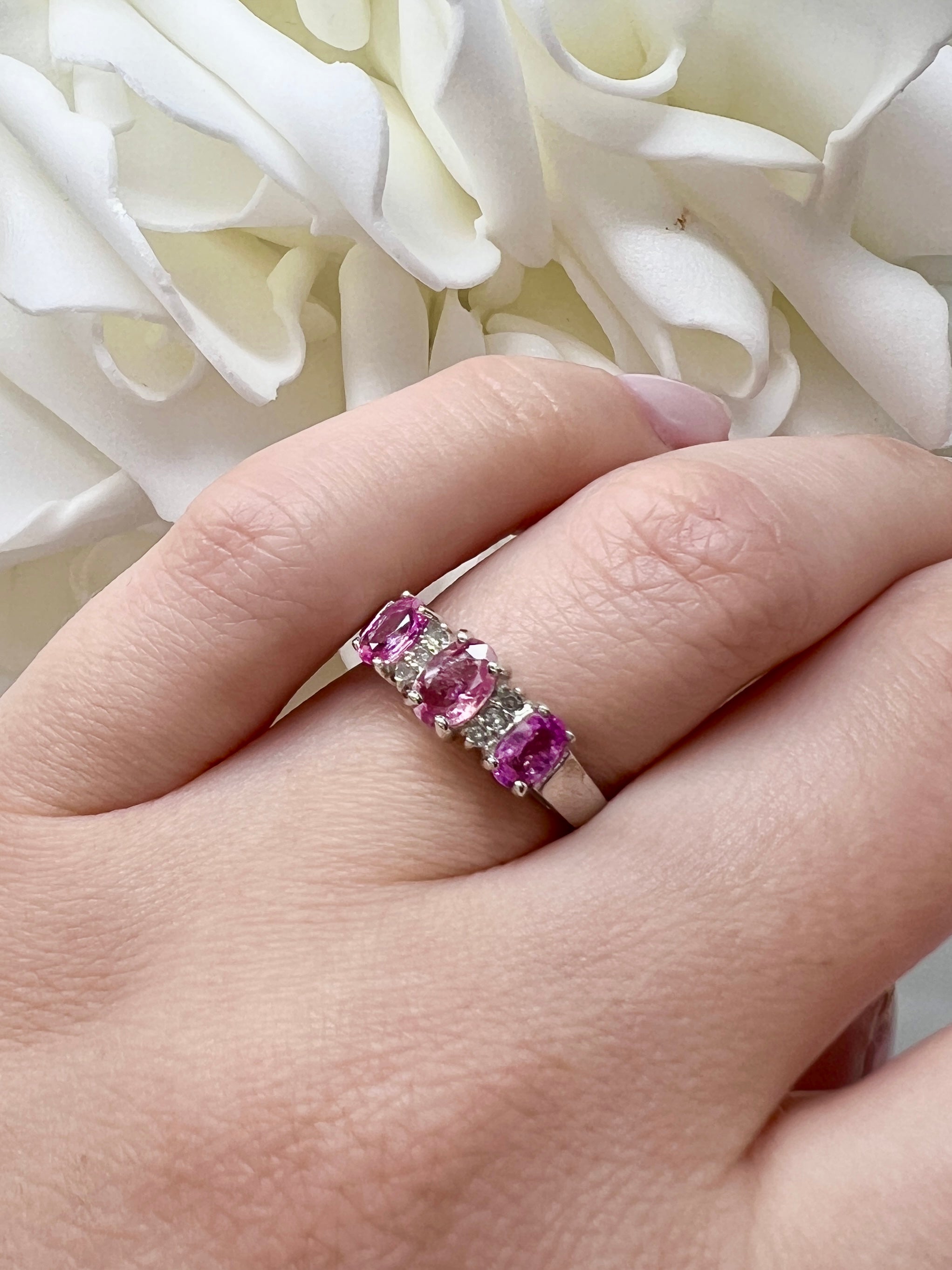Vintage Tri-Stone Pink Sapphire & Diamond Ring | 10k White Gold