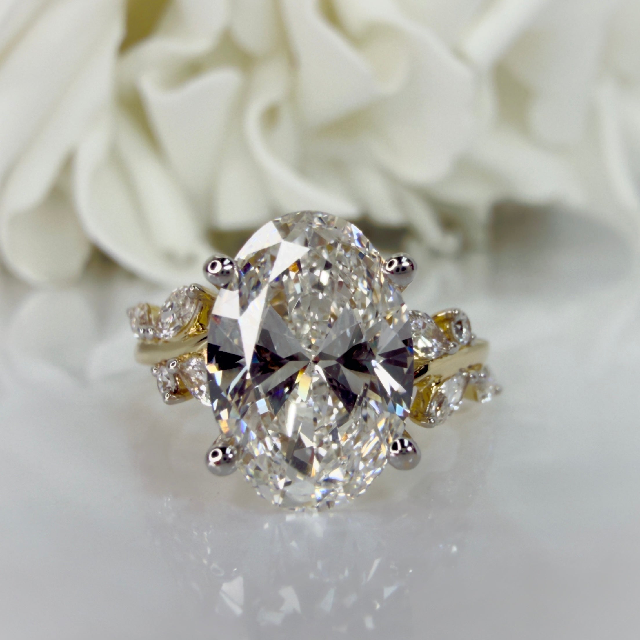 3.50 Total Carat Weight Oval Cut Lab Grown Diamond Floral Inspired Accented Engagement Ring | 14K Yellow Gold
