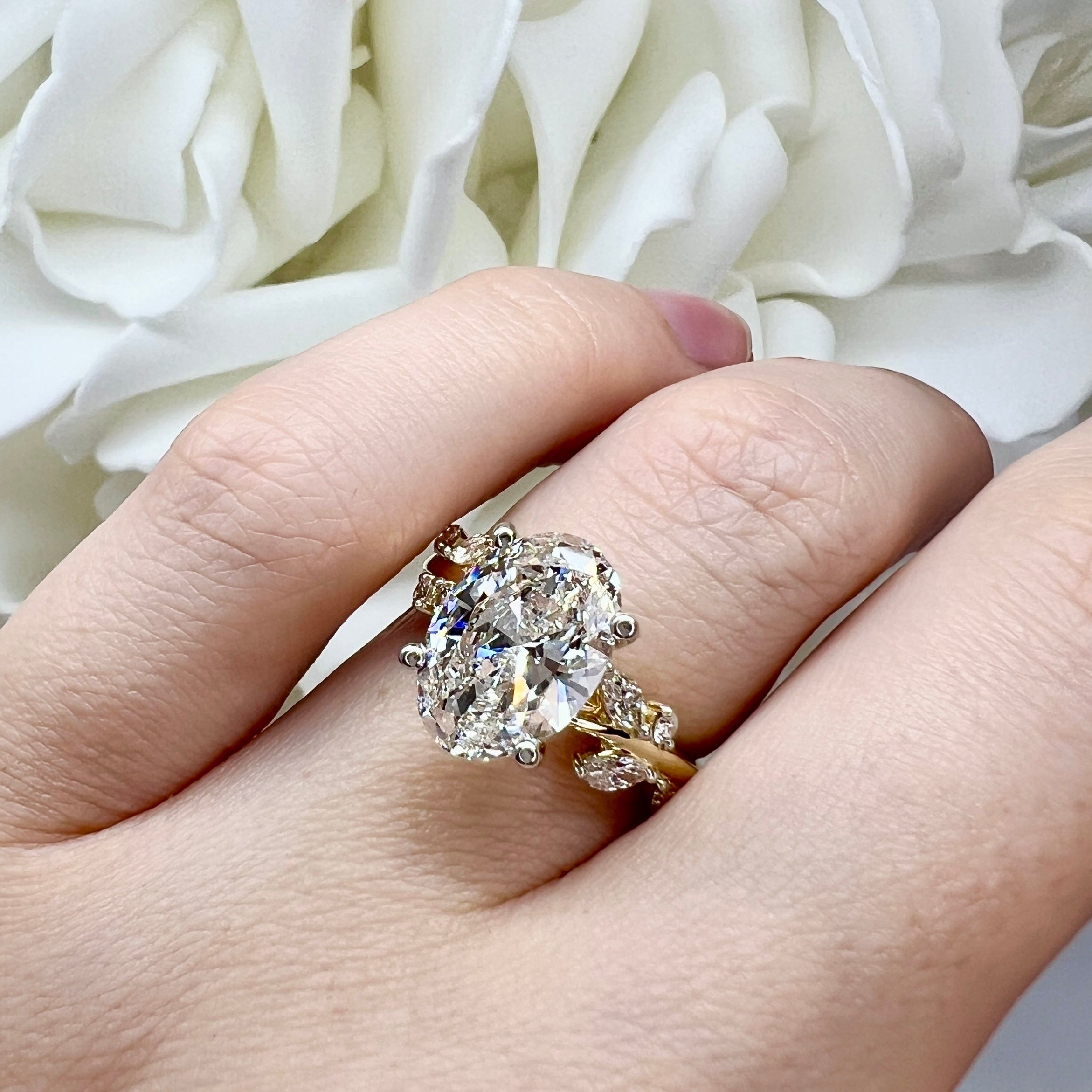 3.50 Total Carat Weight Oval Cut Lab Grown Diamond Floral Inspired Accented Engagement Ring | 14K Yellow Gold