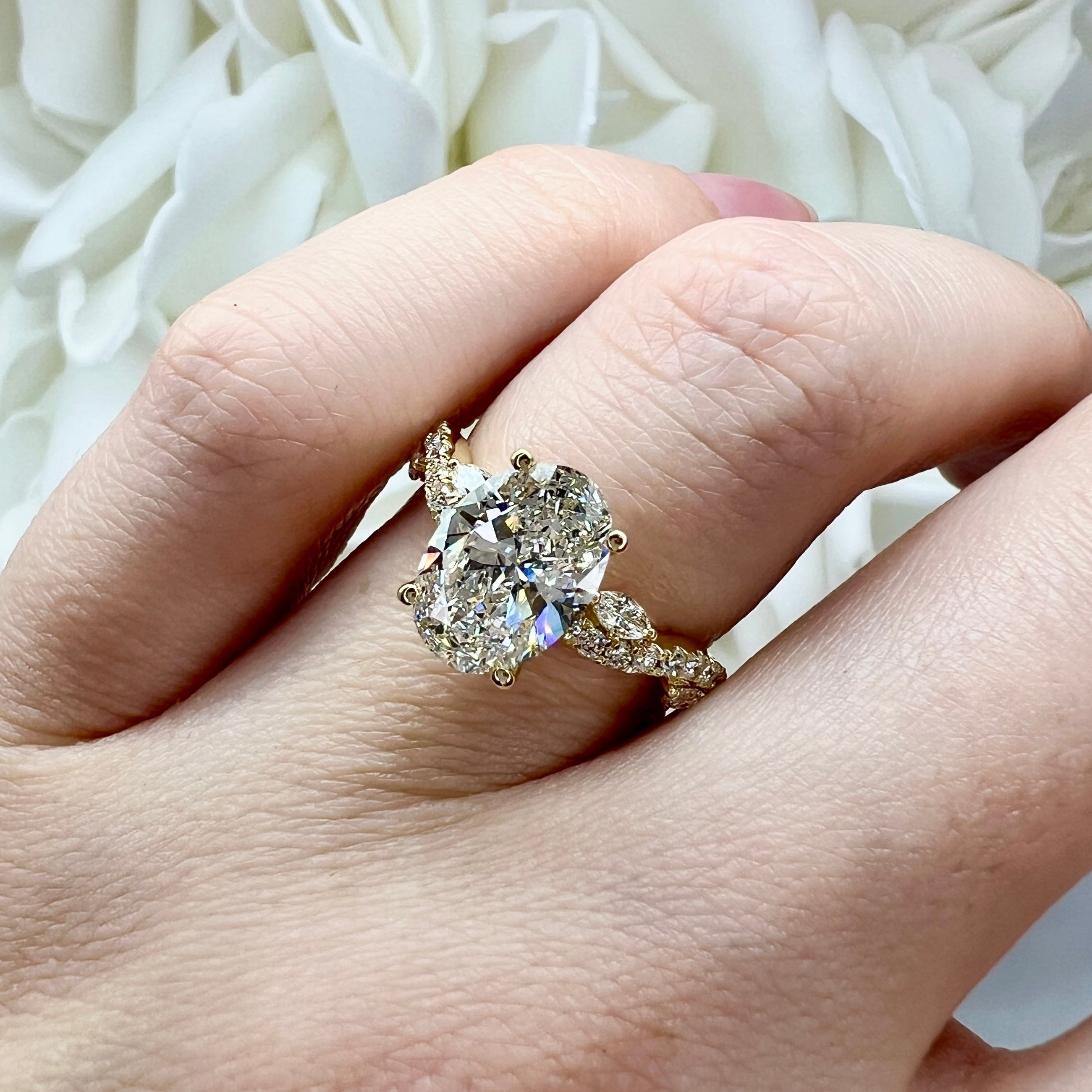 2.40 Total Carat Weight Oval Cut Lab Grown Diamond Accented Wave Band Engagement Ring | 14K Yellow Gold