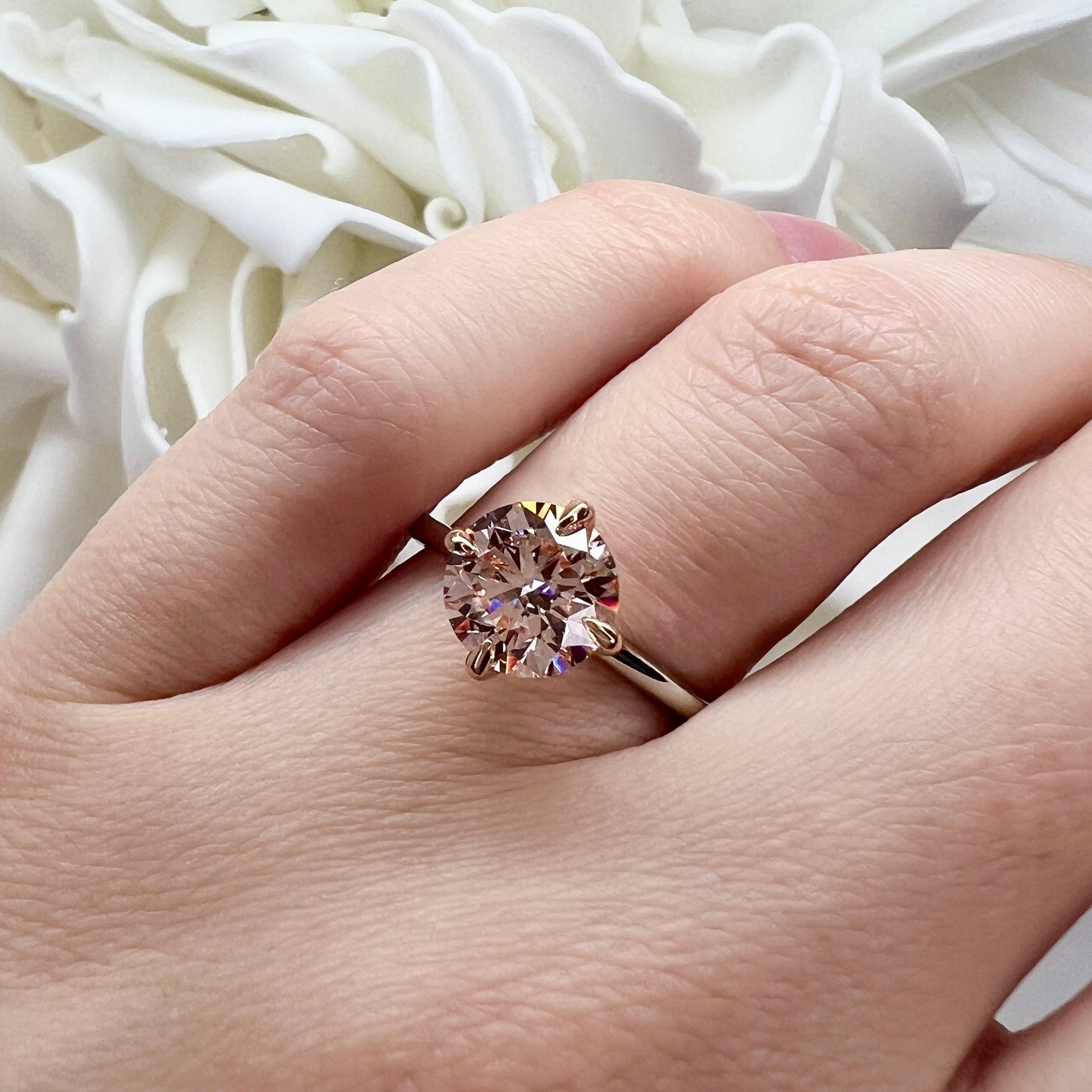 2.08 Carat Fancy Pink Round Brilliant Cut Lab Grown Diamond Custom Engagement Ring | Platinum & 14K Rose Gold