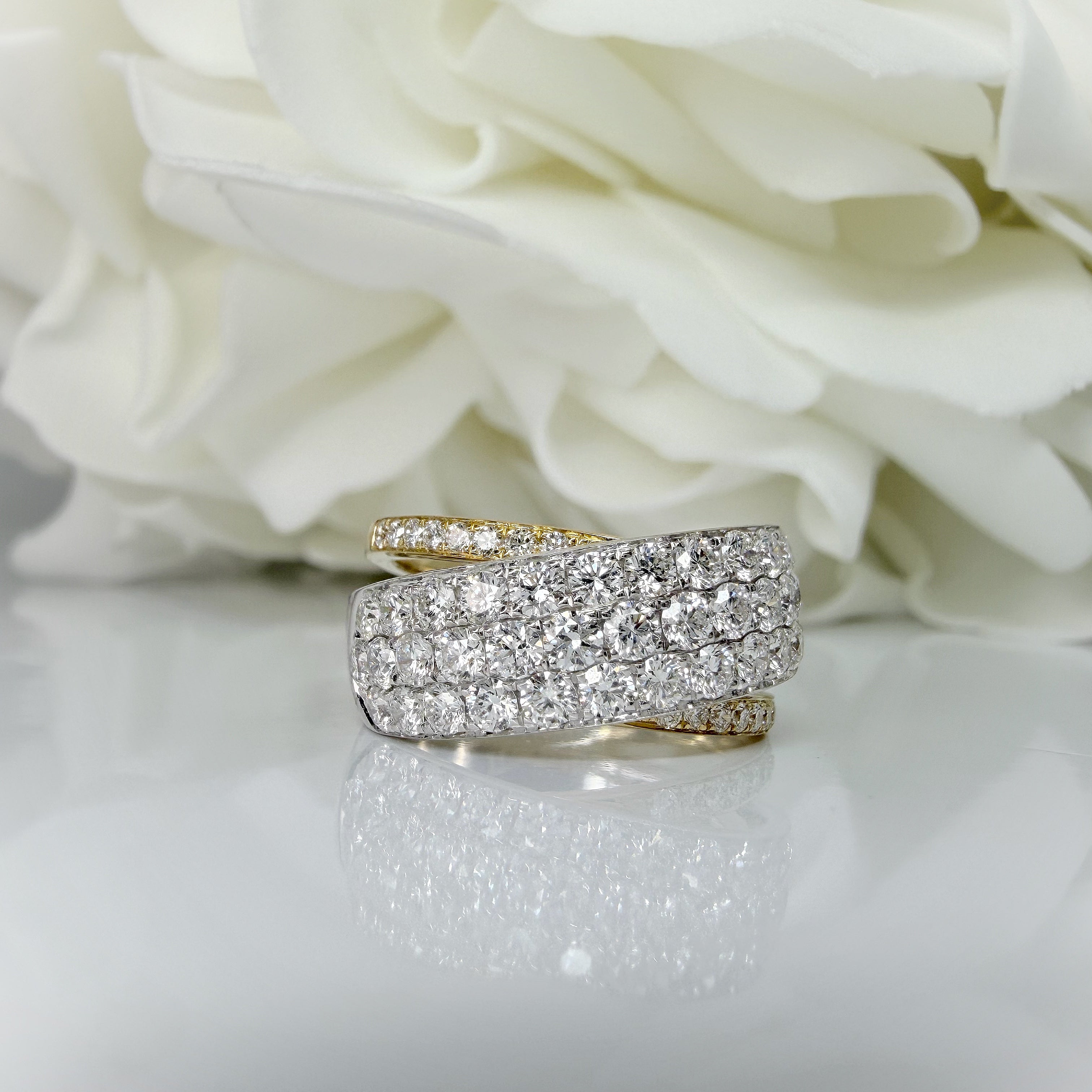 'Cross Over' Pave Set Diamond Ring | 14K White & Yellow Gold