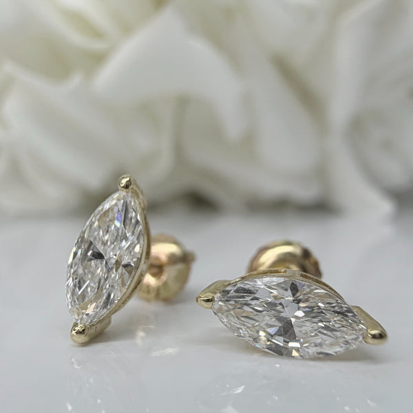 1.00 Total Carat Weight Marquise Cut Lab Grown Diamond Studs | 14K Yellow Gold