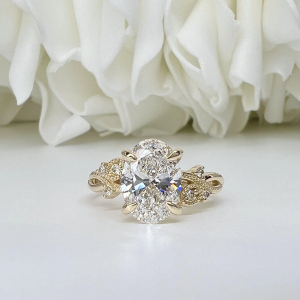 2.34 Carat Oval Cut Lab Grown Diamond Floral Engagement Ring | 14K Yellow Gold