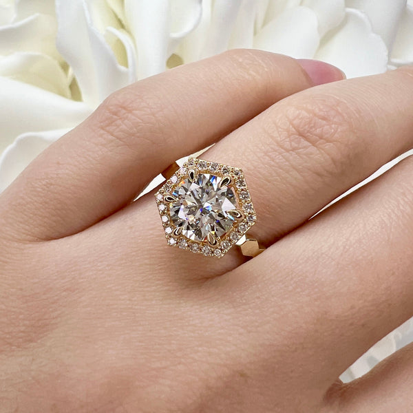 Custom Designed 1.73 Carat Round Brilliant Lab Grown Diamond Hexagon Halo Engagement Ring | 14K Yellow Gold