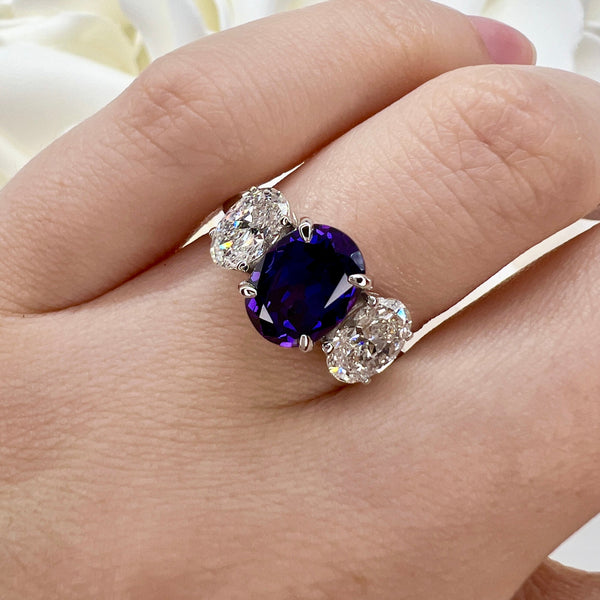 2.795 Carat Oval Cut Purple Lab Grown Sapphire & Lab Grown Diamond Engagement Ring | 14K White Gold