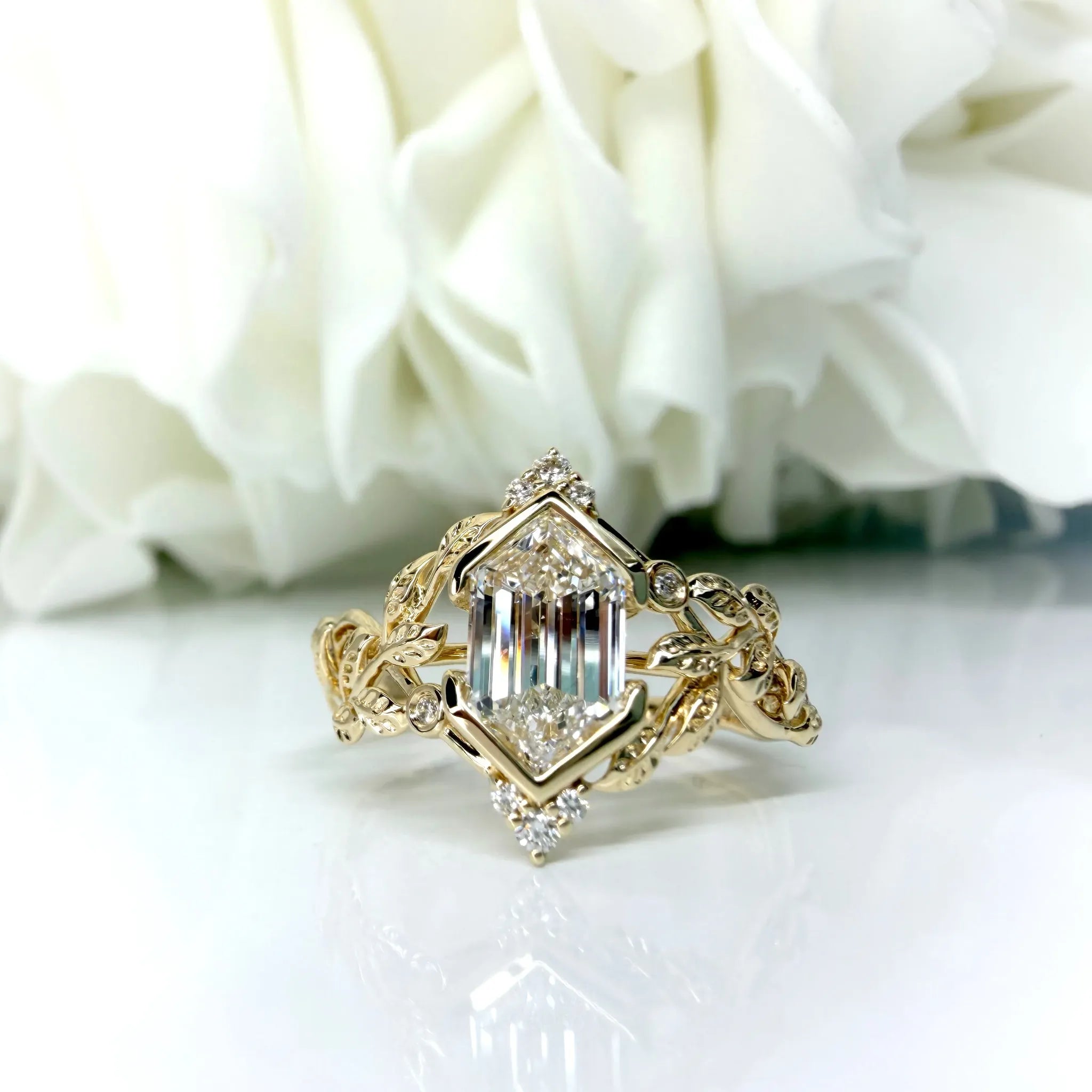 Custom Designed 1.08 Carat Elongated Hexagon Cut Lab Grown Diamond Engagement Ring | 10K Yellow Gold