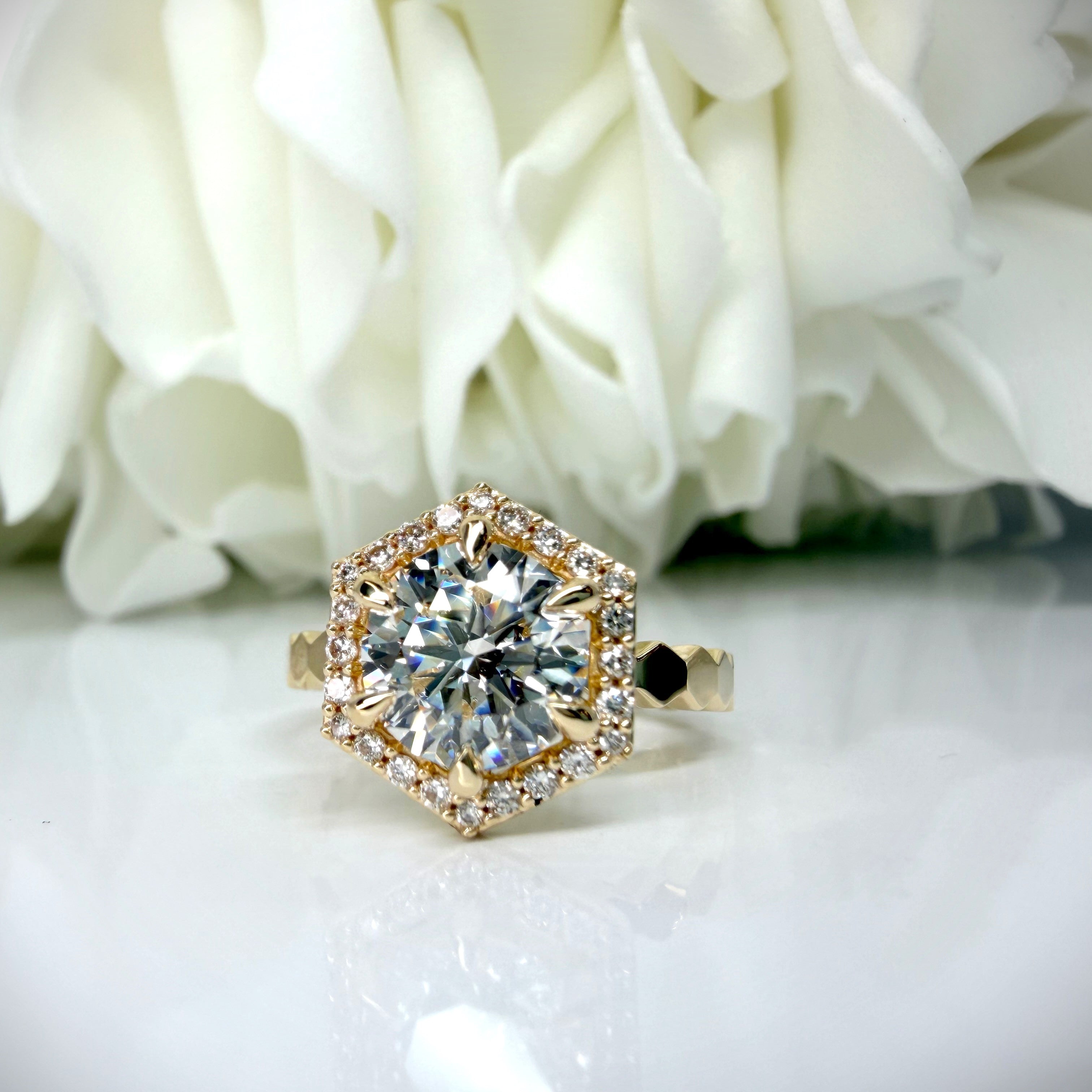 Custom 1.73 Carat Round Brilliant Lab Grown Diamond Hexagon Halo Engagement Ring | 14K Yellow Gold