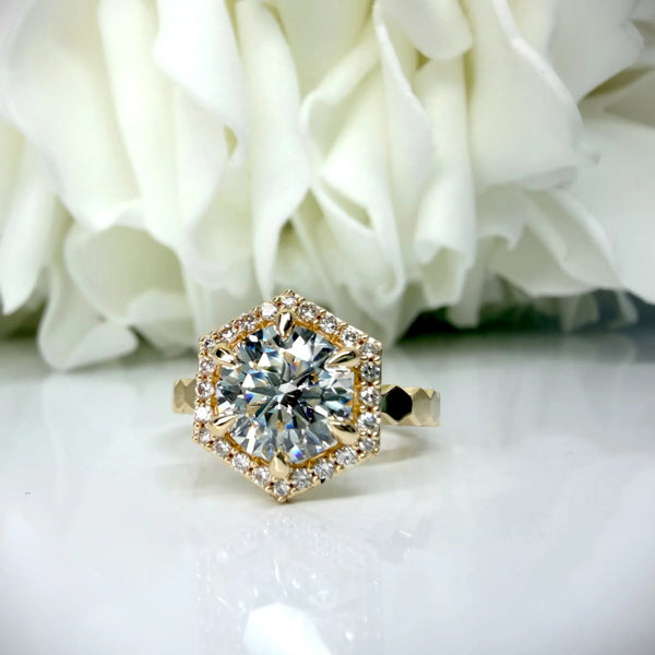 Custom Designed 1.73 Carat Round Brilliant Lab Grown Diamond Hexagon Halo Engagement Ring | 14K Yellow Gold