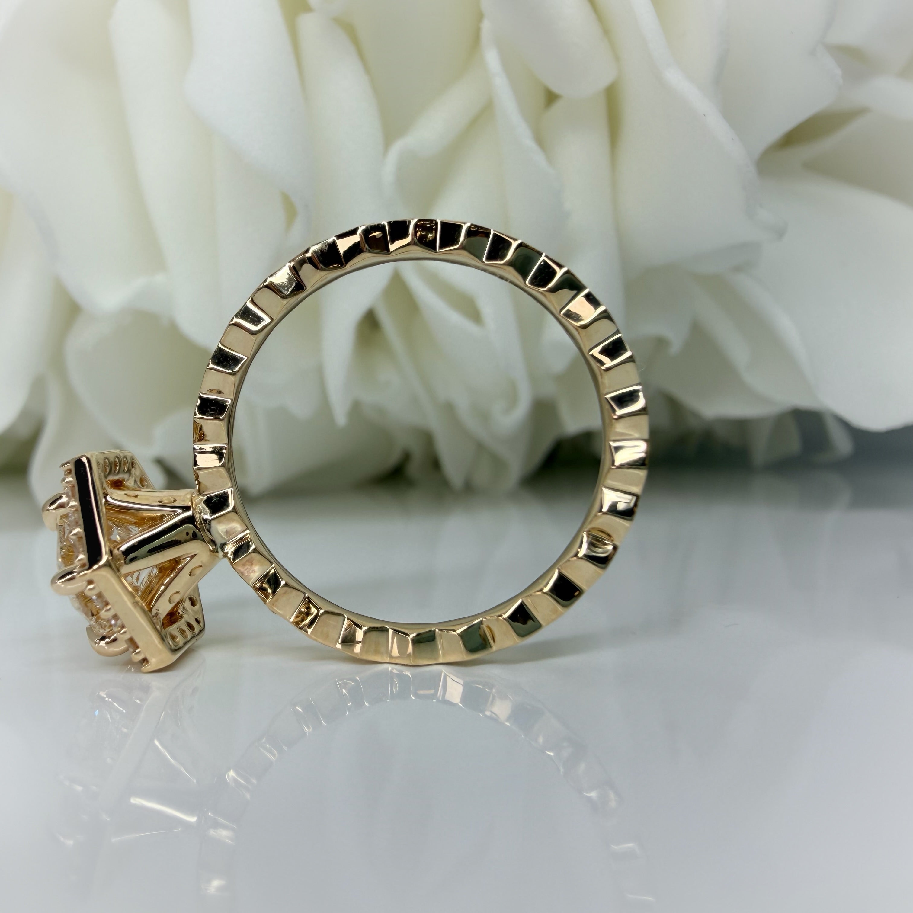 Custom 1.73 Carat Round Brilliant Lab Grown Diamond Hexagon Halo Engagement Ring | 14K Yellow Gold