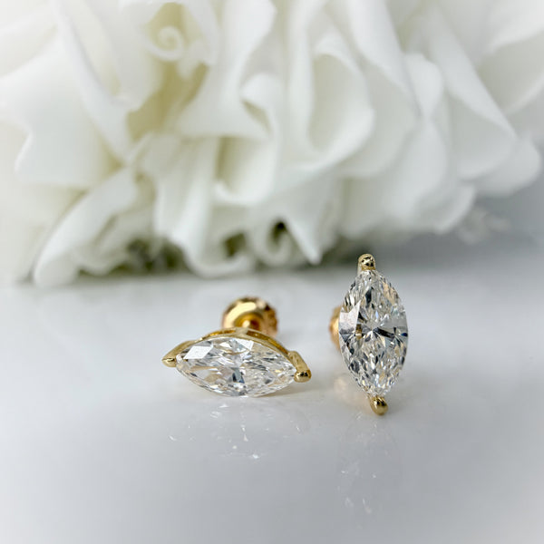 1.00 Total Carat Weight Marquise Cut Lab Grown Diamond Studs | 14K Yellow Gold
