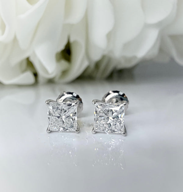 1.00 Total Carat Weight Princess Cut Lab Grown Diamond Stud Earrings | 14K White Gold
