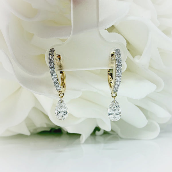1.00 Total Carat Weight Lab Grown Diamond Huggie Earrings With Pear Drops | 10K Yellow Gold
