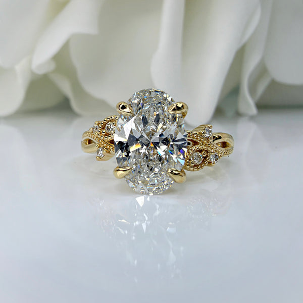 2.54Carat Oval Cut Lab Grown Diamond Floral Engagement Ring | 14K Yellow Gold
