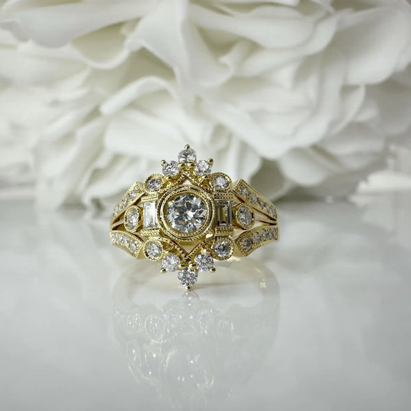 Vintage Inspired Round and Baguette Cut Diamond Engagement Ring | 14K Yellow Gold