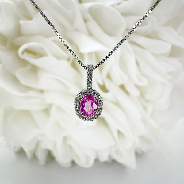 Natural Pink Oval Cut Sapphire & Diamond Halo Pendant | 14K White Gold