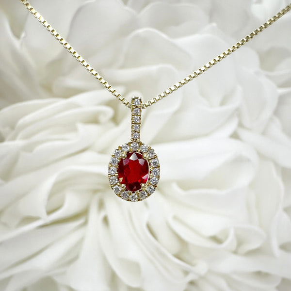 Natural Oval Cut Ruby & Diamond Halo Pendant | 14K Yellow Gold