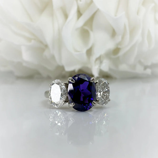 2.795 Carat Oval Cut Purple Lab Grown Sapphire & Lab Grown Diamond Engagement Ring | 14K White Gold
