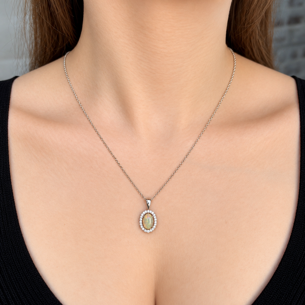 Natural Ethiopian Opal & Diamond Halo Pendant | 10K White Gold