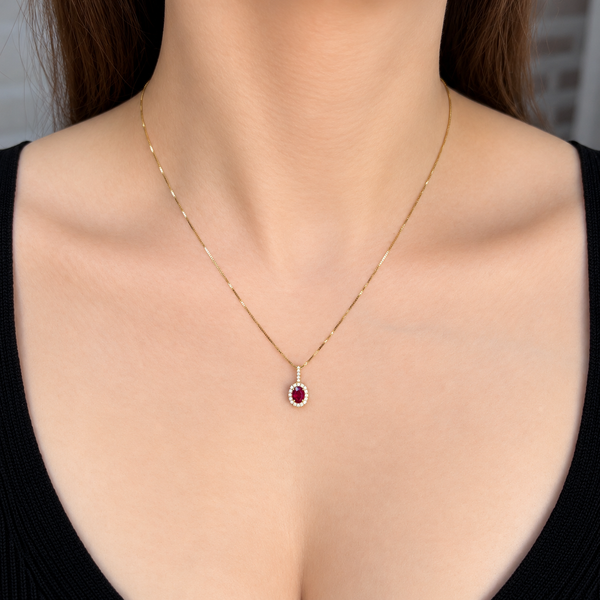 Natural Oval Cut Ruby & Diamond Halo Pendant | 14K Yellow Gold