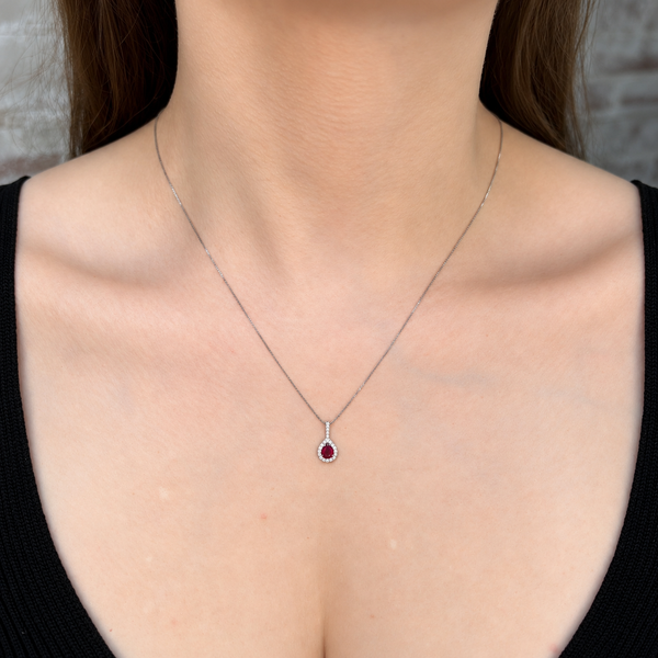 Natural Pear Cut Ruby & Diamond Halo Pendant | 14K White Gold