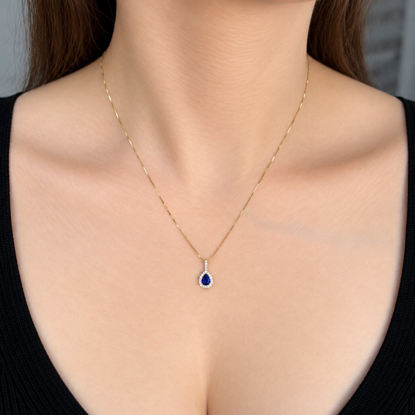 Natural Pear Cut Sapphire & Diamond Halo Pendant | 14K Yellow Gold