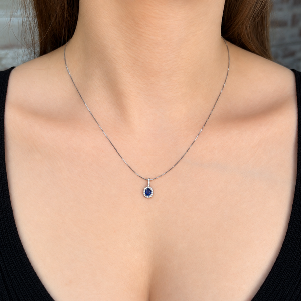 Natural Oval Cut Sapphire & Diamond Halo Pendant | 14K White Gold