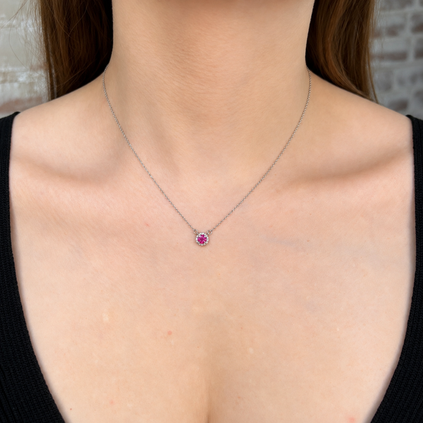 Natural Ruby & Diamond Halo Necklace | 14K White Gold