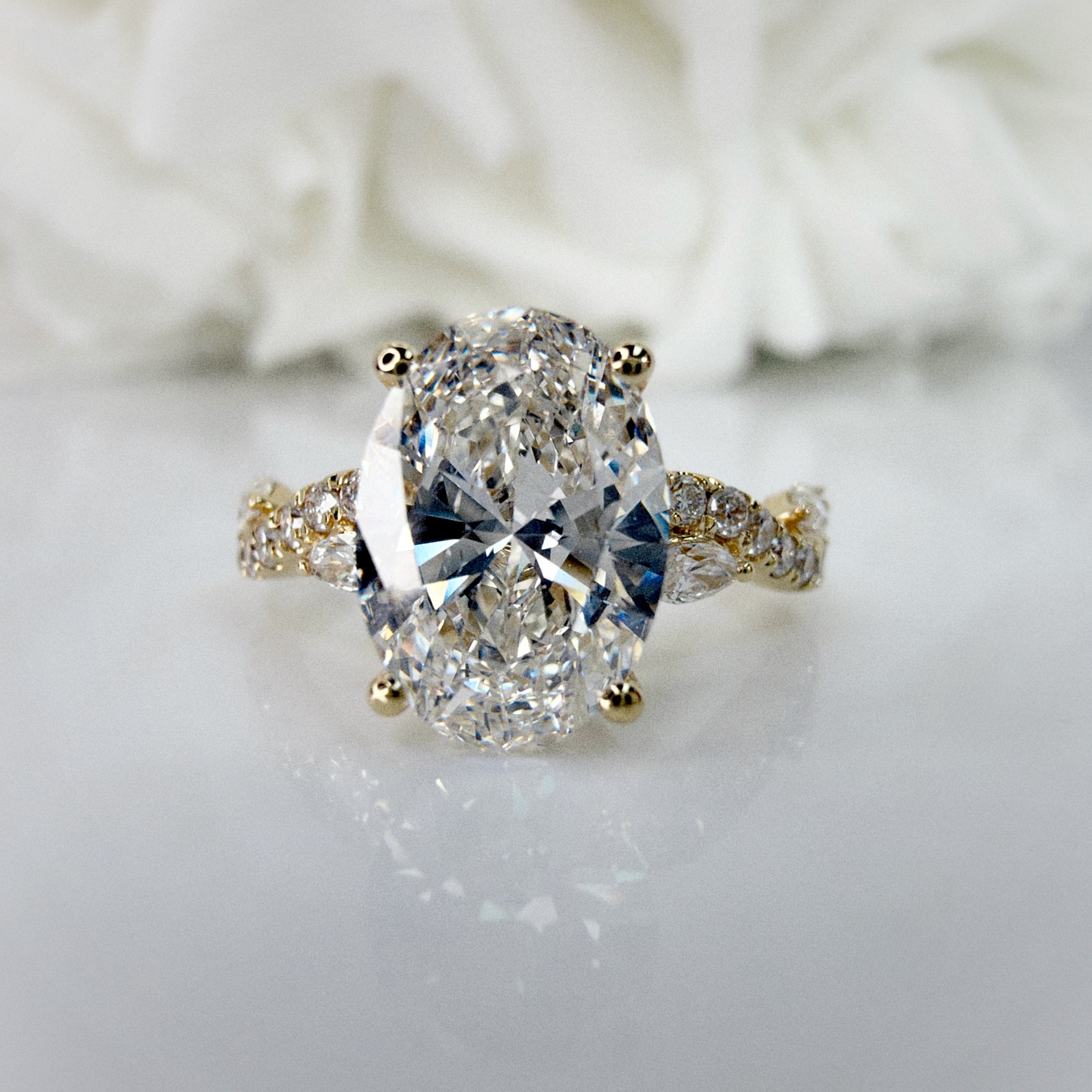2.40 Total Carat Weight Oval Cut Lab Grown Diamond Accented Wave Band Engagement Ring | 14K Yellow Gold