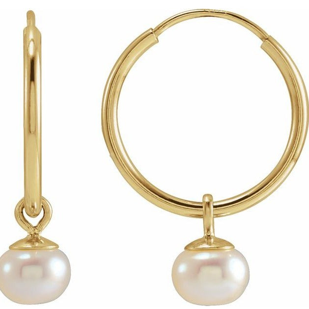 14k yellow endless hoop earrings with freshwater pearl drop