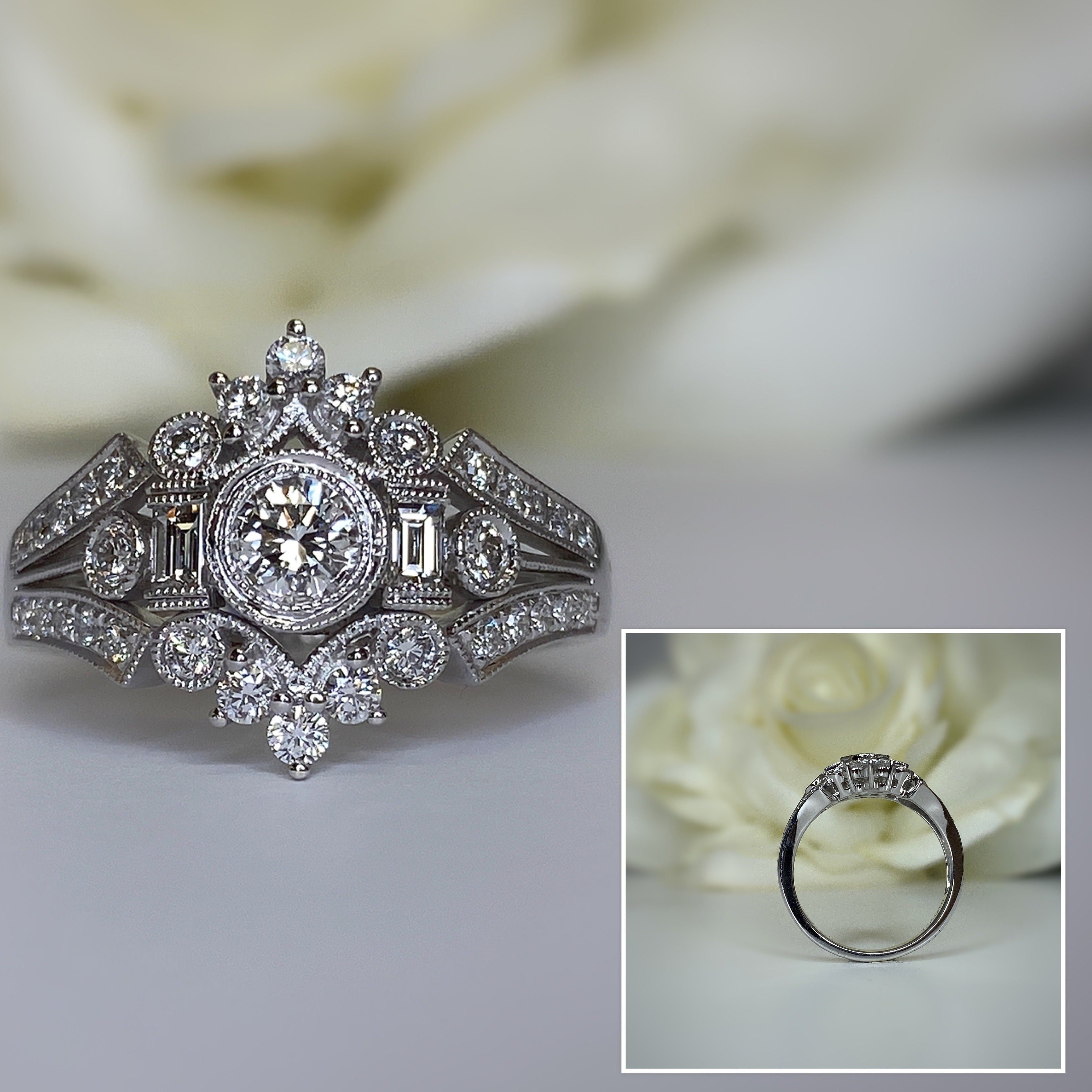 White Gold Vintage inspired round and baguette Diamond Engagement ring