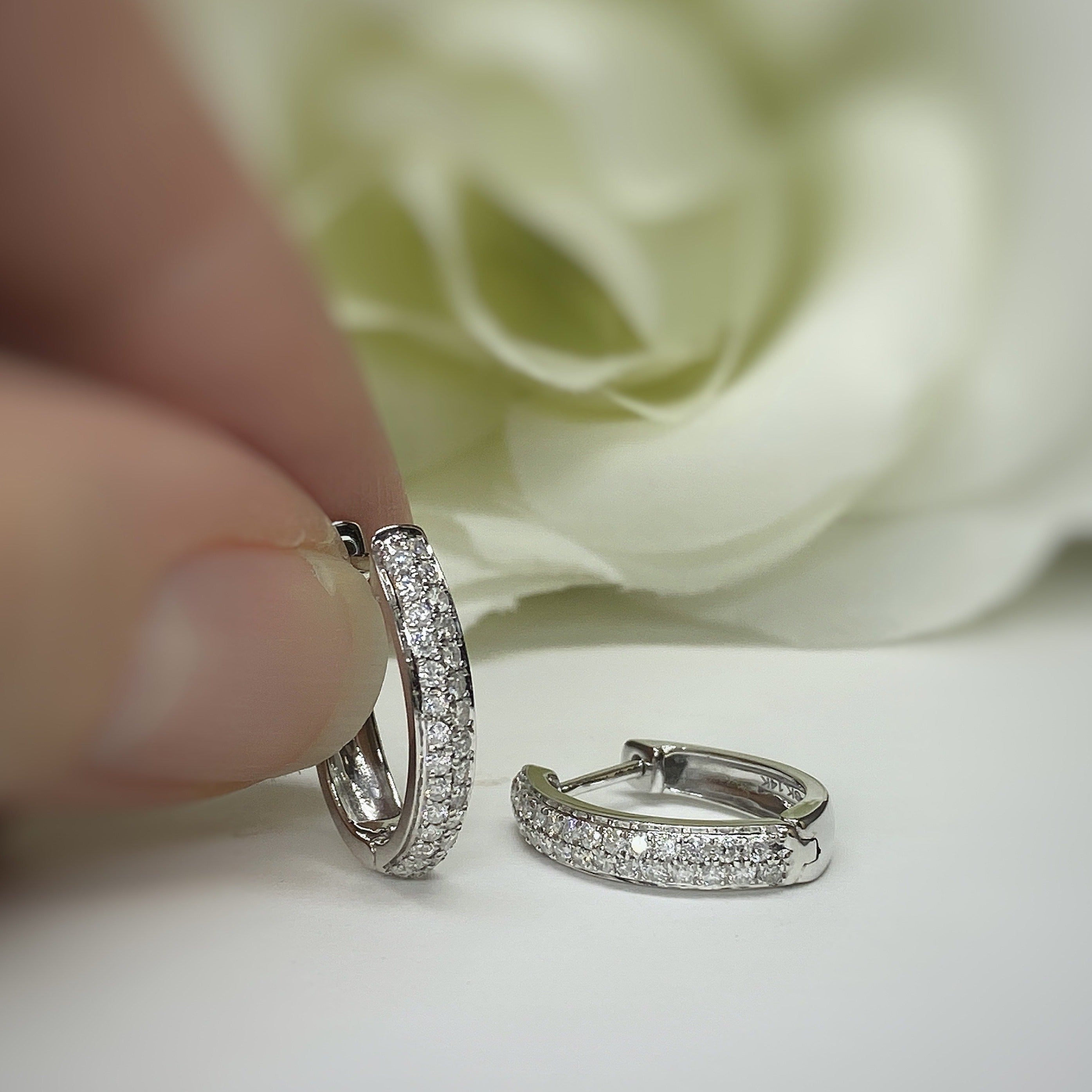 14k white gold pave hinged hoop earring